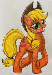 Size: 2119x3058 | Tagged: safe, artist:bozzerkazooers, imported from derpibooru, applejack, earth pony, grin, lidded eyes, looking at you, smiling, solo, traditional art