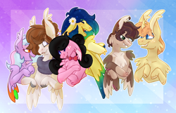 Size: 1612x1040 | Tagged: safe, artist:thatonefluffs, imported from derpibooru, oc, oc:moonlight, oc:persimmon, oc:spectrum, oc:summer days, oc:synchronize, earth pony, pegasus, pony, unicorn, base used, blushing, bowtie, clothes, freckles, scarf, sharp teeth, smiling, teeth