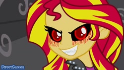 Size: 1388x783 | Tagged: safe, artist:streetgames, edit, edited screencap, imported from derpibooru, screencap, sunset shimmer, human, equestria girls, equestria girls (movie), .exe, black sclera, blood, crying, evil, fangs, female, looking at you, smiling, tears of blood, text, zalgo