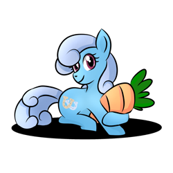 Size: 1280x1280 | Tagged: safe, artist:akissonyourpinky, imported from derpibooru, linky, shoeshine, earth pony, pony, carrot, female, food, lying down, mare, prone, shadow, simple background, smiling, white background