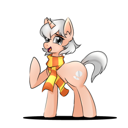 Size: 1280x1280 | Tagged: safe, artist:akissonyourpinky, imported from derpibooru, oc, oc only, oc:paracetamol, pony, unicorn, clothes, female, horn, mare, scarf, shadow, simple background, smiling, striped scarf, white background