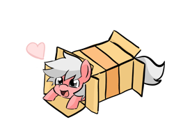 Size: 1024x768 | Tagged: safe, artist:akissonyourpinky, imported from derpibooru, oc, oc only, oc:paracetamol, earth pony, pony, box, cardboard box, cute, female, heart, lying down, mare, ponies sliding into a box, prone, simple background, white background