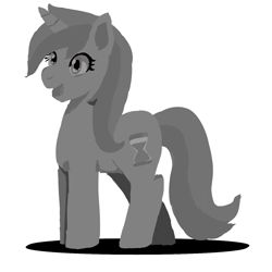 Size: 1280x1280 | Tagged: safe, artist:akissonyourpinky, imported from derpibooru, minuette, pony, unicorn, female, horn, hourglass, mare, monochrome, open mouth, shadow, simple background, smiling, solo, white background