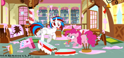 Size: 1303x613 | Tagged: safe, artist:generalfratze, imported from derpibooru, pinkie pie, oc, oc:mrbronylp, earth pony, pony, unicorn, butt, cupcake, derp, female, food, frosting, heart, horn, horseshoes, mare, messy, plot, silly, silly pony, smiling, stool, sugarcube corner, table, tongue out