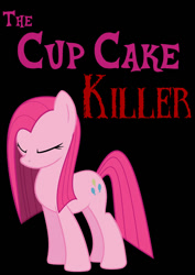 Size: 500x707 | Tagged: safe, imported from derpibooru, pinkie pie, earth pony, pony, fanfic:the cup cake killer, black background, cover art, eyes closed, fanfic art, female, implied cup cake, mare, pinkamena diane pie, simple background, text