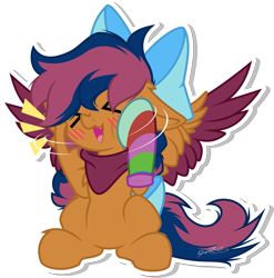 Size: 1197x1211 | Tagged: safe, artist:jhayarr23, artist:sherathoz, imported from derpibooru, oc, oc only, oc:solar comet, pegasus, pony, ><, bandana, blushing, bow, clothes, commission, disguised changedling, eyes closed, hair bow, male, simple background, sitting, socks, solo, spread wings, squee, stallion, striped socks, transparent background, two toned wings, wings