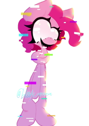 Size: 496x699 | Tagged: safe, artist:bl00dyn0s3, imported from derpibooru, pinkie pie, earth pony, pony, corrupted, creepy, elastic, error, female, glitch, gomu gomu no mi, mare, pibby, signature, simple background, smiling, speedpaint available, white background