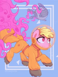 Size: 3000x4000 | Tagged: safe, artist:stravy_vox, imported from derpibooru, oc, oc only, oc:puppysmiles, earth pony, pony, fallout equestria, fallout equestria: pink eyes, clothes, fanfic art, female, hazmat suit, mare, running, simple background, smiling, solo, spritebot