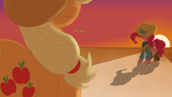 Size: 3840x2160 | Tagged: safe, artist:legendoflink, imported from derpibooru, applejack, pinkie pie, earth pony, pony, applebetes, boots, clothes, cowboy boots, cowboy hat, cute, diapinkes, duo, duo female, female, hat, hat over eyes, high res, mare, oversized hat, shoes, showdown, snickering, stifling laughter, sundown, sunset