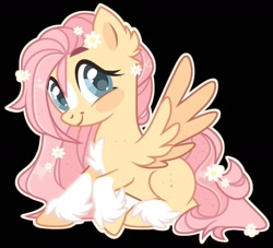 Size: 1277x1161 | Tagged: safe, artist:kreedie, imported from derpibooru, fluttershy, pegasus, pony, black background, blaze (coat marking), blush sticker, blushing, chest fluff, coat markings, colored eyebrows, colored hooves, colored wings, cute, ear fluff, facial markings, female, flower, flower in hair, flower in tail, full body, hoof fluff, looking at you, mare, missing cutie mark, outline, pale belly, raised hoof, redesign, simple background, sitting, smiling, smiling at you, socks (coat markings), solo, spread wings, stray strand, tail, two toned wings, unshorn fetlocks, white outline, wings