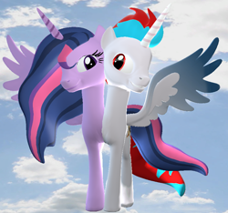 Size: 820x766 | Tagged: safe, artist:dracoecpilse, imported from derpibooru, twilight sparkle, oc, oc:solar eclipse, alicorn, 3d, cloud, conjoined, conjoined twins, day, daytime, duo, female, light skin, looking at you, male, mare, purple skin, sky, sky background, twilight sparkle (alicorn)