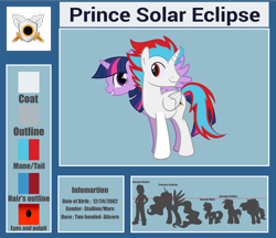 Size: 3272x2830 | Tagged: artist needed, safe, imported from derpibooru, twilight sparkle, oc, oc:solar eclipse, alicorn, blue mane, conjoined, conjoined twins, cyan mane, duo, female, light skin, male, mare, purple eyes, purple skin, red eyes, red mane, twilight sparkle (alicorn)