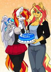 Size: 2481x3507 | Tagged: safe, artist:arctic-fox, imported from derpibooru, sunset shimmer, oc, oc:diamond sun, oc:hawker hurricane, anthro, pegasus, pony, unicorn, anthro with ponies, birthday cake, cake, clothes, ear fluff, eye clipping through hair, female, food, frosting, male, shoulder pony, smiling, spread wings, stallion, tiny, tiny ponies, two toned wings, wings