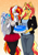 Size: 2481x3507 | Tagged: safe, artist:arctic-fox, imported from derpibooru, sunset shimmer, oc, oc:diamond sun, oc:hawker hurricane, anthro, pegasus, pony, unicorn, anthro with ponies, birthday cake, cake, clothes, ear fluff, eye clipping through hair, female, food, frosting, male, shoulder pony, smiling, spread wings, stallion, tiny, tiny ponies, two toned wings, wings