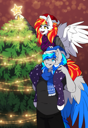 Size: 2335x3387 | Tagged: safe, artist:arctic-fox, imported from derpibooru, oc, oc only, oc:diamond sun, oc:hawker hurricane, anthro, pegasus, unguligrade anthro, anthro oc, christmas, christmas tree, clothes, colored wings, duo, eyebrows, eyebrows visible through hair, featured image, female, grin, hat, hawkmond, high res, holiday, male, mare, open mouth, open smile, pegasus oc, santa hat, scarf, shoulder ride, smiling, stallion, tree, two toned wings, wings