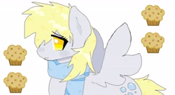 Size: 4096x2231 | Tagged: safe, artist:_snowpup, imported from derpibooru, derpy hooves, pegasus, pony, clothes, cute, food, ms paint, muffin, no pupils, scarf, simple background, solo, spread wings, white background, wings