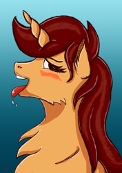Size: 2894x4093 | Tagged: safe, artist:palettenight, imported from derpibooru, oc, oc only, oc:palettenight, pony, unicorn, blushing, brown eyes, brown hair, bust, female, horn, horny, looking at you, portrait, solo, teeth, tongue out
