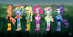 Size: 1920x987 | Tagged: safe, artist:madisontuff, imported from derpibooru, screencap, applejack, fluttershy, pinkie pie, rainbow dash, rarity, sunset shimmer, equestria girls, legend of everfree, boots, clothes, concept art, cowboy boots, crystal guardian, high heel boots, humane five, jeans, leggings, pants, ponied up, rubber boots, shoes, skirt, super ponied up