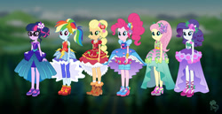 Size: 1920x987 | Tagged: safe, artist:madisontuff, imported from derpibooru, applejack, fluttershy, pinkie pie, rainbow dash, rarity, sci-twi, twilight sparkle, human, equestria girls, legend of everfree, bare shoulders, clothes, concept art, crystal gala dress, dress, humane five, humane six, sleeveless, strapless