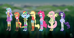 Size: 1920x987 | Tagged: safe, artist:madisontuff, imported from derpibooru, applejack, fluttershy, pinkie pie, princess celestia, rainbow dash, rarity, sunset shimmer, human, equestria girls, legend of everfree, bare shoulders, camp everfree outfits, clothes, concept art, ponied up, principal celestia, sleeveless, tanktop