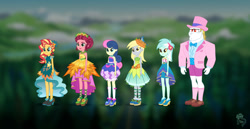 Size: 1920x987 | Tagged: safe, artist:madisontuff, imported from derpibooru, bon bon, bulk biceps, derpy hooves, gloriosa daisy, lyra heartstrings, sunset shimmer, sweetie drops, human, equestria girls, legend of everfree, bare shoulders, bowtie, clothes, concept art, crystal gala dress, hat, sleeveless, strapless, top hat, tuxedo