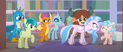 Size: 1511x646 | Tagged: safe, imported from derpibooru, screencap, cozy glow, gallus, ocellus, sandbar, silverstream, smolder, yona, changedling, changeling, classical hippogriff, dragon, earth pony, griffon, hippogriff, pegasus, pony, yak, what lies beneath, bow, cloven hooves, colored hooves, cropped, dragoness, female, filly, foal, hair bow, jewelry, male, monkey swings, necklace, student six, teenager, tired