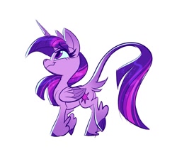 Size: 1200x1077 | Tagged: safe, artist:probablyfakeblonde, imported from derpibooru, twilight sparkle, alicorn, pony, butt, colored wings, colored wingtips, eyebrows, eyebrows visible through hair, female, leonine tail, mare, plot, simple background, smiling, solo, tail, twibutt, twilight sparkle (alicorn), white background, winged hooves, wings