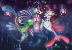 Size: 1280x880 | Tagged: safe, artist:mad--munchkin, imported from derpibooru, oc, oc only, changeling, classical hippogriff, hippogriff, hybrid, seapony (g4), bubble, commission, coral, deviantart watermark, digital art, dorsal fin, fin wings, fins, fish tail, flowing tail, glowing, jewelry, looking at each other, looking at someone, male, necklace, obtrusive watermark, ocean, open mouth, seaponified, seaquestria, seaweed, signature, smiling, species swap, swimming, tail, teeth, underwater, water, watermark, wings