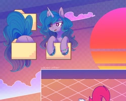 Size: 1576x1272 | Tagged: safe, artist:wavecipher, imported from derpibooru, izzy moonbow, pony, unicorn, aesthetics, butt, cute, female, folder, g5, horn, izzy moonbutt, izzybetes, mare, now you're thinking with portals, open mouth, plot, portal, raised eyebrow, the new pinkie pie, vaporwave, webcore, wip