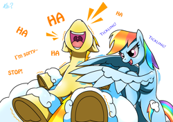 Size: 2159x1529 | Tagged: safe, artist:questionmarkdragon, imported from derpibooru, rainbow dash, spitfire, pegasus, pony, cute, female, fetish, laughing, mare, tickle fetish, tickle torture, tickling, underhoof, wing hands, wings