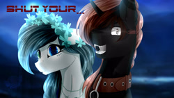 Size: 2666x1500 | Tagged: safe, artist:elektra-gertly, imported from derpibooru, oc, oc only, earth pony, pony, unicorn, 2018, bust, collar, duo, earth pony oc, floral head wreath, flower, horn, old art, talking, unicorn oc