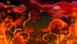 Size: 3239x1851 | Tagged: safe, artist:elektra-gertly, imported from derpibooru, oc, oc only, demon, demon pony, pony, 2018, female, fire, flying, full moon, horns, laughing, mare, moon, old art, solo, spread wings, unshorn fetlocks, wings