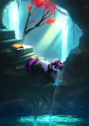 Size: 2670x3777 | Tagged: safe, artist:magnaluna, imported from derpibooru, twilight sparkle, pony, unicorn, bag, bending, book, cave, clothes, female, flower, horn, light rays, mare, reaching, saddle bag, scarf, scenery, socks, solo, stairs, tree, unicorn twilight