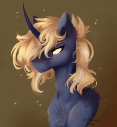 Size: 1804x1955 | Tagged: safe, artist:thelazyponyy, imported from derpibooru, oc, oc only, pony, unicorn, brown background, bust, chest fluff, ear fluff, horn, simple background, solo, unicorn oc