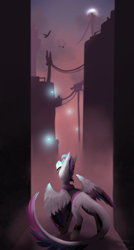 Size: 876x1629 | Tagged: safe, artist:thelazyponyy, imported from derpibooru, oc, oc only, firefly (insect), insect, pegasus, pony, building, leonine tail, looking up, outdoors, pegasus oc, tail, wings