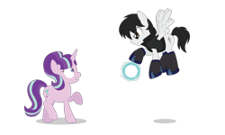 Size: 2636x1582 | Tagged: safe, artist:lunahazacookie, imported from derpibooru, starlight glimmer, oc, oc:nightwish, pegasus, pony, unicorn, duo, flying, male, pegasus oc, raised hoof, show accurate, simple background, stallion, transparent background