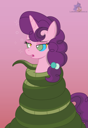 Size: 2059x3001 | Tagged: safe, artist:lunahazacookie, imported from derpibooru, sugar belle, alicorn, pony, snake, unicorn, coils, female, hypno eyes, kaa eyes, mare