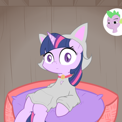 Size: 2000x2000 | Tagged: safe, artist:reinbou, imported from derpibooru, spike, twilight sparkle, pony, unicorn, animal costume, bell, bell collar, cat costume, clothes, collar, costume, hoodie, solo, stare