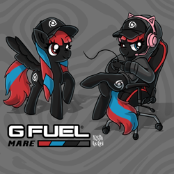Size: 3000x3000 | Tagged: safe, artist:nyanakaru, imported from ponybooru, oc, oc:g-fuel mare, pegasus, abstract background, black coat, blue mane, cap, cat headphones, clothes, commission, controller, crossed hooves, g-fuel, gamer, gaming chair, happy, hat, headphones, hoodie, multicolored mane, multicolored tail, pegasus oc, raised hoof, raised leg, red mane, smug face, solo, wings
