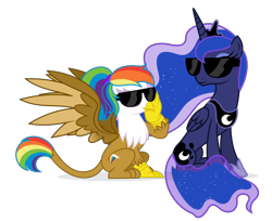 Size: 988x808 | Tagged: safe, artist:shizow, imported from derpibooru, princess luna, oc, alicorn, griffon, pony, duo, female, jewelry, mare, regalia, simple background, sitting, solo, sunglasses, transparent background