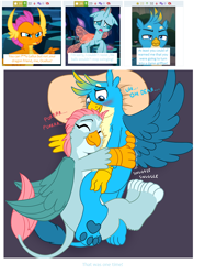Size: 860x1148 | Tagged: safe, artist:caroo, artist:thegamerpainter, edit, edited screencap, imported from derpibooru, screencap, gallus, ocellus, smolder, changedling, changeling, dragon, griffon, derpibooru, school daze, uprooted, blushing, censored, censored vulgarity, chest fluff, cuddlebug, cuddling, cute, diaocelles, discussion, disguise, disguised changeling, female, fluffy, frog (hoof), gallabetes, griffonized, hnnng, imminent breakup, interspecies, juxtaposition, lesbian, luslus, male, meta, onomatopoeia, paw pads, paws, purple background, purring, sad, screenshots, shipping, simple background, sleeping, smolcellus, snuggling, sound effects, species swap, spread wings, straight, toe beans, transformation, underhoof, underpaw, vulgar, wings, zzz