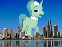 Size: 2841x2153 | Tagged: safe, artist:cloudyglow, artist:jaredking779, imported from derpibooru, birch bucket, pony, unicorn, detroit, giant pony, giant unicorn, high res, highrise ponies, looking at you, macro, male, mega giant, michigan, open mouth, raised hoof, spa pony, stallion