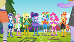 Size: 800x453 | Tagged: safe, imported from derpibooru, screencap, applejack, fluttershy, pinkie pie, rainbow dash, rarity, sci-twi, sunset shimmer, twilight sparkle, equestria girls, crystal guardian, humane five, humane seven, humane six, simple background, solo, transparent background