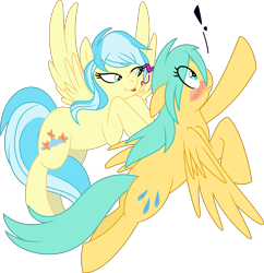 Size: 3473x3591 | Tagged: safe, artist:enigmaticfrustration, artist:thatusualguy06, imported from derpibooru, misty fly, sunshower raindrops, pegasus, pony, .svg available, :p, blushing, exclamation point, eye clipping through hair, female, flying, heart, lesbian, mare, mistydrops, onomatopoeia, question mark, shipping, simple background, spread wings, svg, tongue out, transparent background, vector, wings