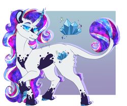 Size: 3000x2500 | Tagged: safe, artist:mysticmerlyn, imported from twibooru, rarity, pony, unicorn, alternate cutie mark, blue eyes, blue eyeshadow, coat markings, colored ears, crystal hooves, crystal horn, curved horn, female, horn, image, leonine tail, long mane, looking at you, mare, multicolored hair, png, raised hoof, redesign, standing, star (coat marking), twitterina design, unshorn fetlocks