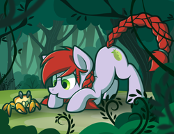 Size: 1584x1224 | Tagged: safe, artist:wingedwolf94, oc, oc only, oc:crab apple, crab, earth pony, pony, braid, braided tail, face down ass up, female, forest, mare, pigtails, tree