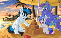 Size: 4400x2800 | Tagged: safe, artist:kaylerustone, imported from derpibooru, oc, oc only, oc:lishka, oc:solar gizmo, pegasus, pony, starfish, unicorn, beach, bucket, chair, cloud, family, ocean, open mouth, palm tree, sand, sandcastle, scenery, smiling, sunset, tree, umbrella, water