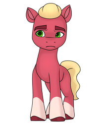 Size: 1689x2026 | Tagged: safe, artist:dancingkinfiend, derpibooru exclusive, imported from derpibooru, sprout cloverleaf, earth pony, pony, blonde, blonde hair, blonde mane, blonde tail, coat markings, colored hooves, eyebrows down, frown, g5, green eyes, hooves, male, my little pony: a new generation, red fur, sad, simple background, socks (coat markings), solo, stallion, tail, transparent background, wavy hair, wavy mane, wavy tail