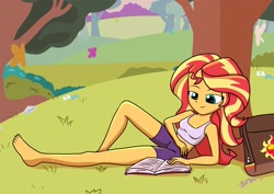 Size: 3856x2725 | Tagged: safe, artist:durdevul, imported from derpibooru, sunset shimmer, butterfly, human, insect, equestria girls, bag, bare shoulders, barefoot, book, clothes, compression shorts, eyebrows, feet, female, grass, happy, high res, long hair, outdoors, park, reading, relaxed, shorts, sleeveless, smiling, solo, tanktop, tomboy, tree, turquoise eyes, two toned hair, yellow skin