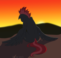 Size: 901x861 | Tagged: safe, artist:kota, imported from derpibooru, oc, oc:cinder blaze, pegasus, pony, facing away, female, mare, sad, sitting, solo, vent art